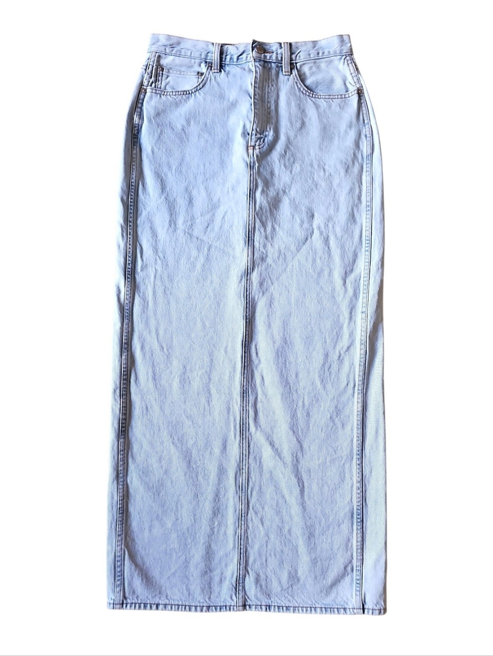 Denim Forum The '90s Pencil Maxi Denim Skirt High Rise BLeach Bleu Size 28 - Picture 9 of 15